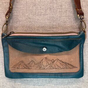 Leather Crossbody Bag Handmade Mountains Teal Brown Snap Zipper Detachable Strap